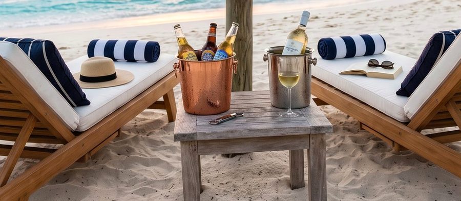 Beachfront loungers at sunset